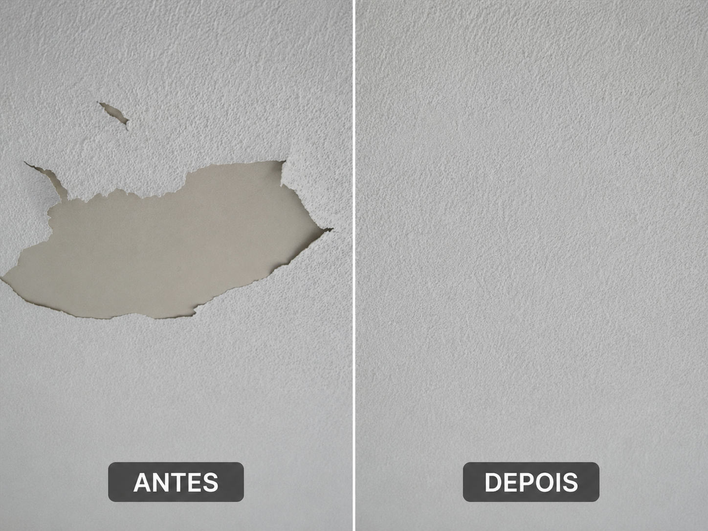Antes e depois de reparo em forro de gesso