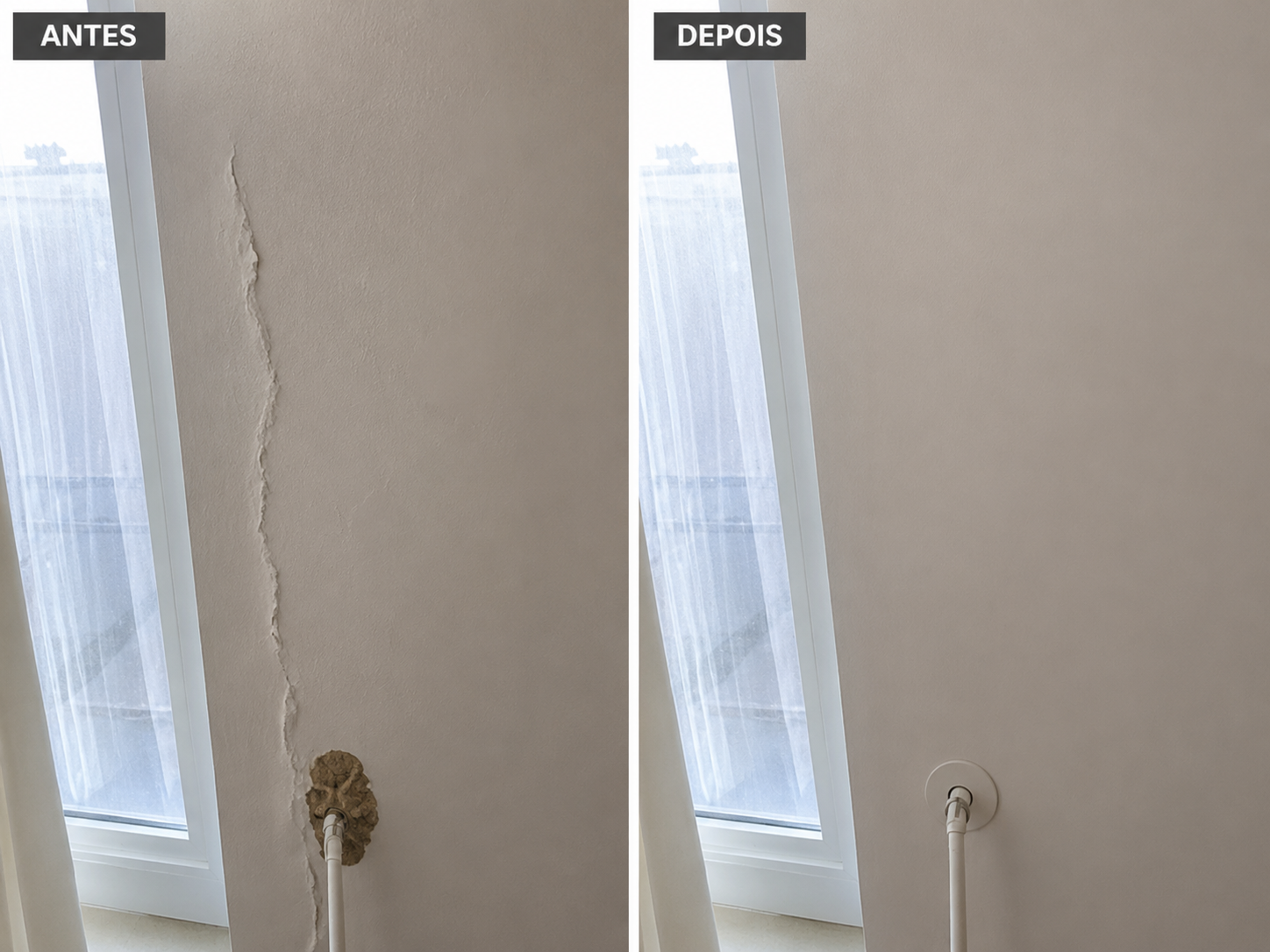 Antes e depois de reparo de buraco em drywall