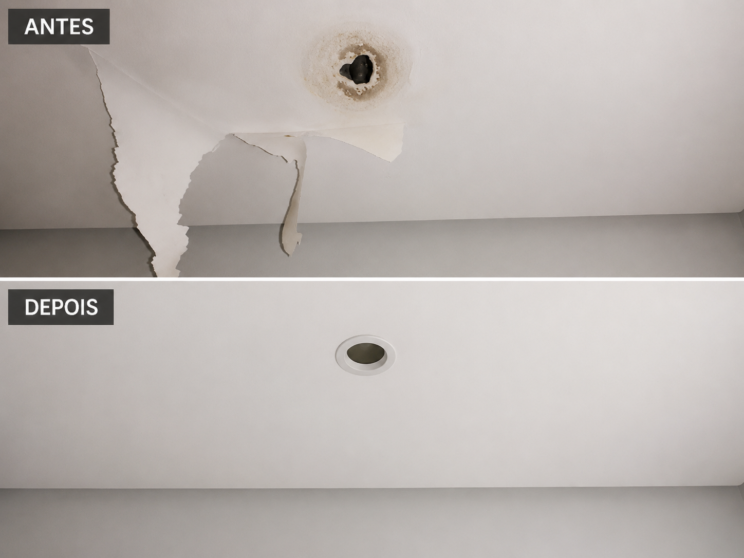Antes e depois de acabamento de emendas em gesso