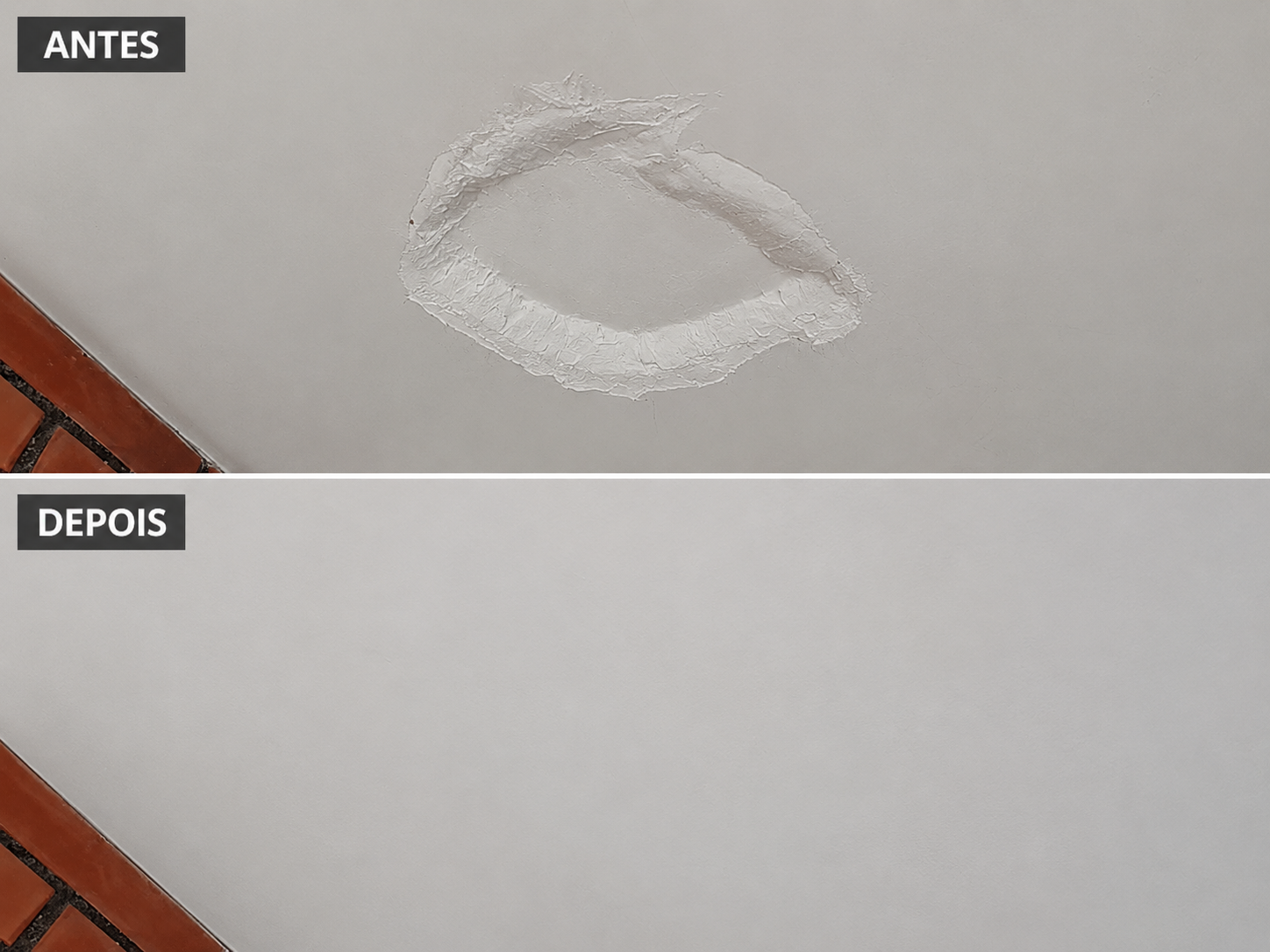 Antes e depois de teto recuperado após vazamento