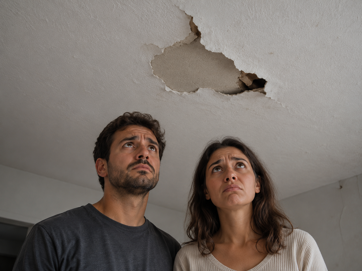 Casal preocupado com problemas no gesso do teto